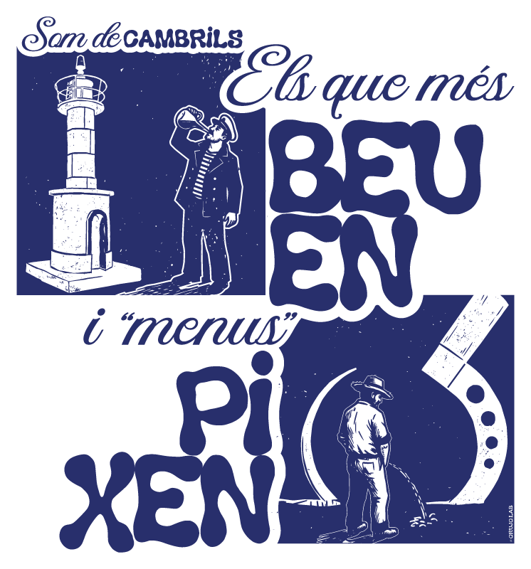 Estampat de l'esquena: el far de Cambrils, el pescador i la frase Els que més beuen i menus pixen